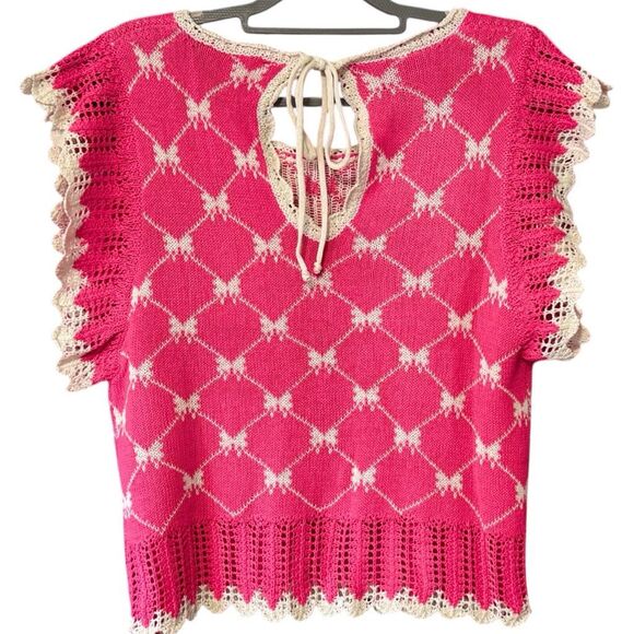 SO ME Pink Bow Ribbon Pattern Sweater Top with Back Key Hole Size Large NWT - Picture 11 of 13